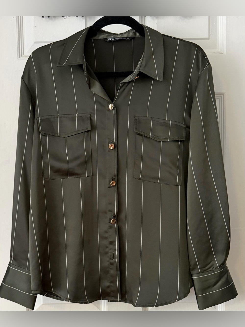 Zara Green Satin Button Down Blouse Gold Button Silk Look Top Work Size XS